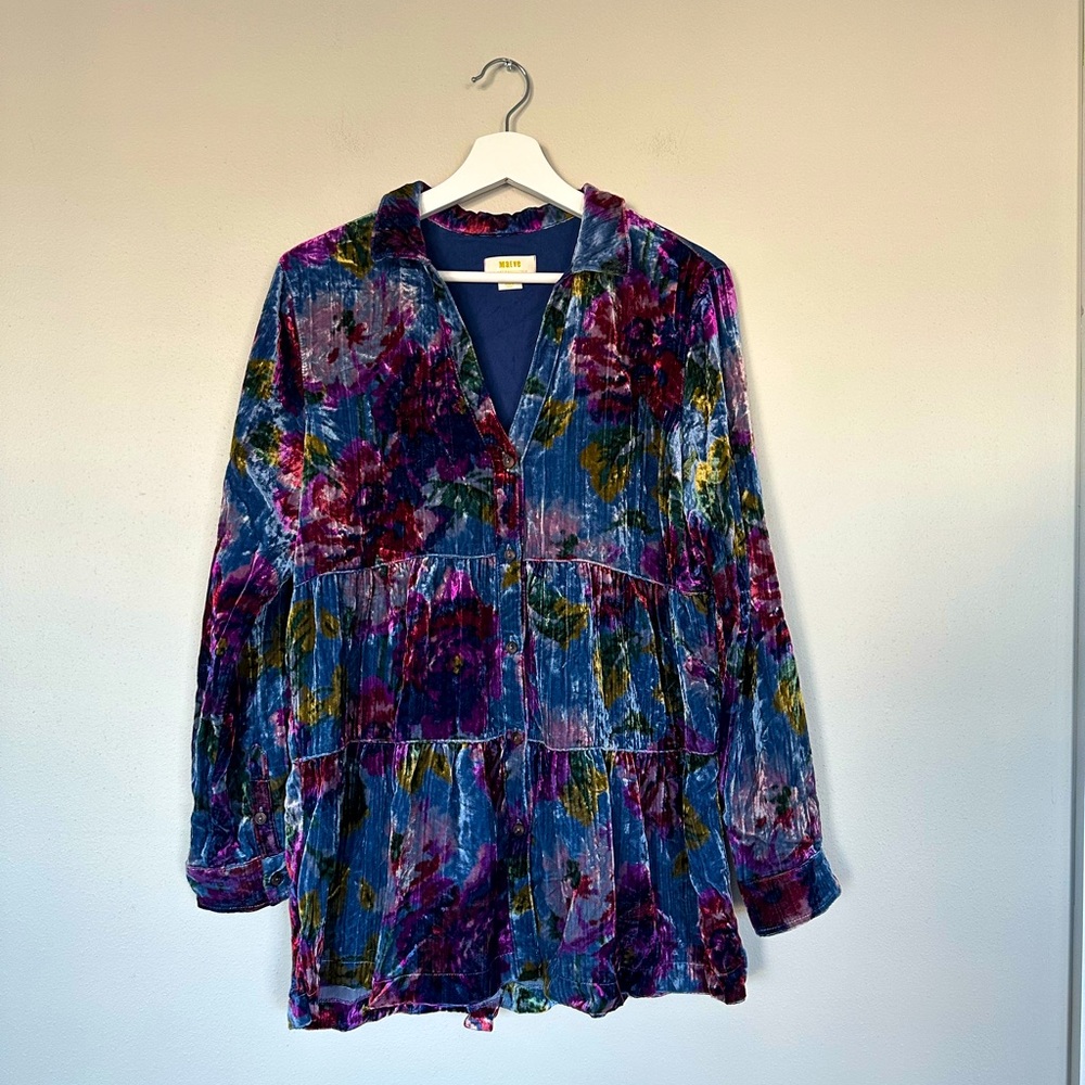 Anthropologie Maeve Velvet Reverie Tiered Tunic Blouse Blue and Purple